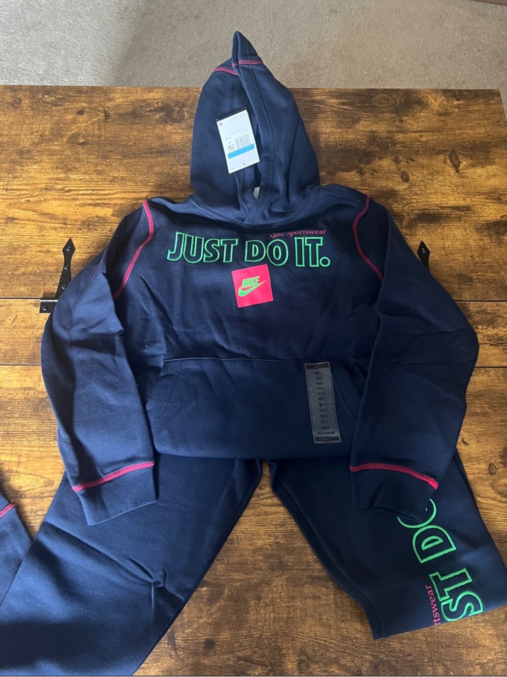 Nike Navy Hoodie and Sweatpants Set with Neon Green and Berry Accents